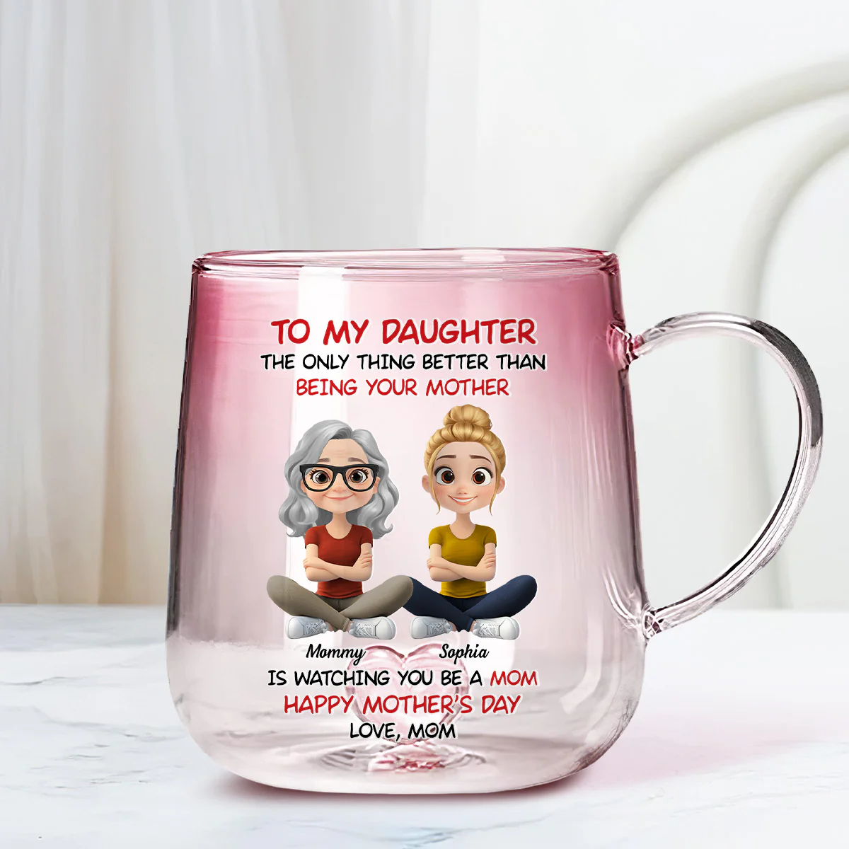 To My Daughter Cartoonize - Personalized Custom Pink Gradient Glass Mug - Image 3