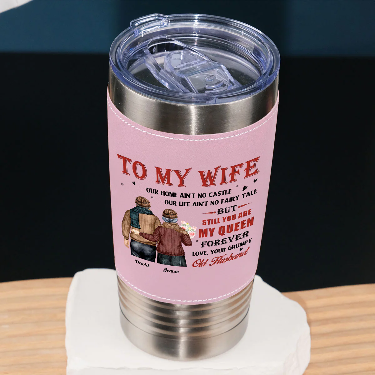 To My Queen - Personalized Custom Pink Leather Tumbler - Image 2