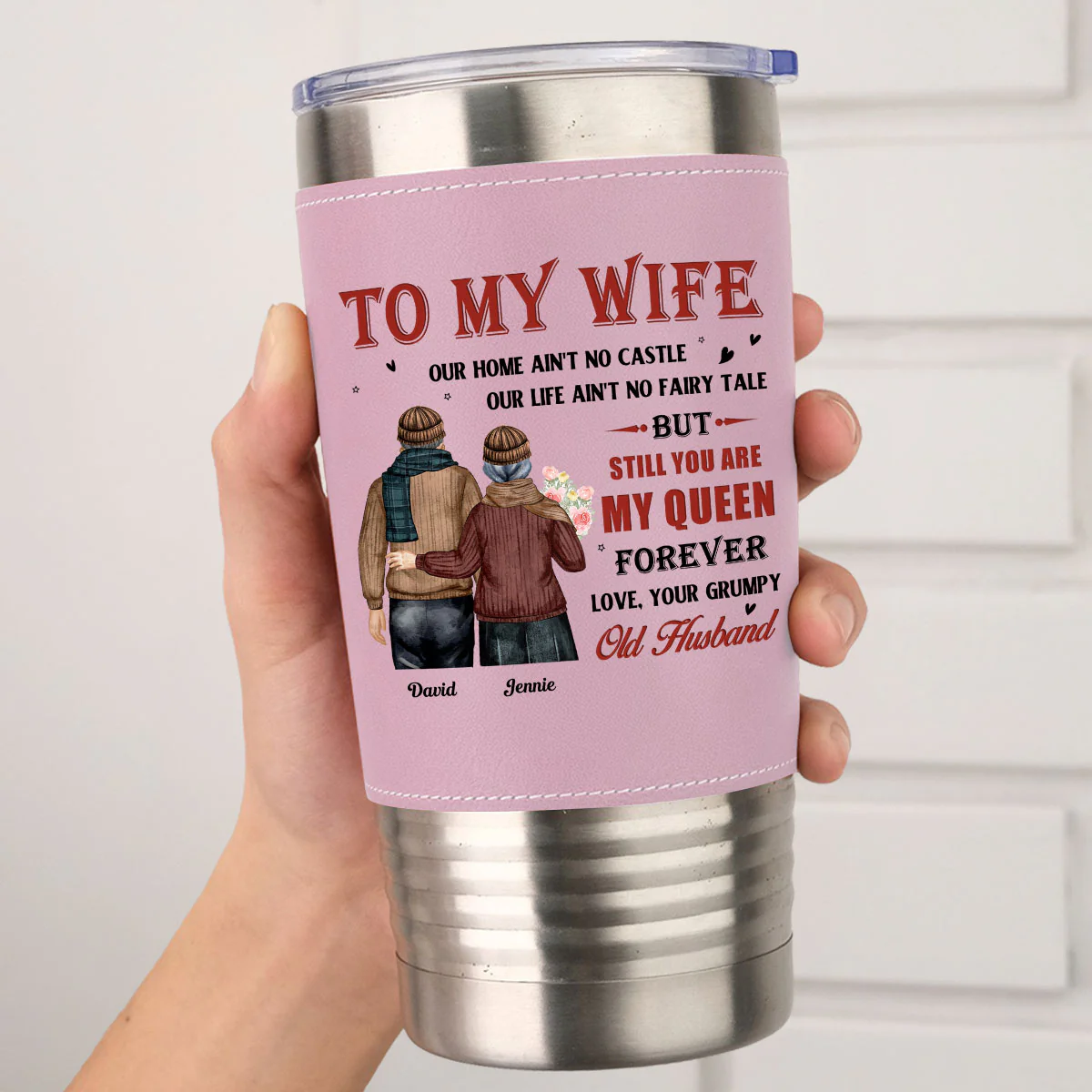 To My Queen - Personalized Custom Pink Leather Tumbler - Image 5