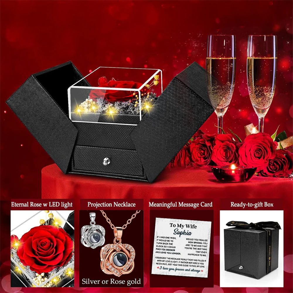 To My Wife - Personalized Custom Preserved Rose With Projection Necklace - Image 4