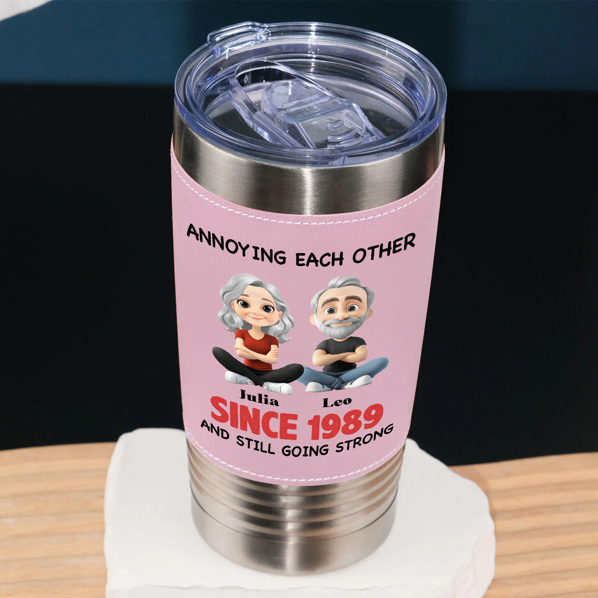 Together Forever - Personalized Custom Pink Leather Tumbler - Image 3