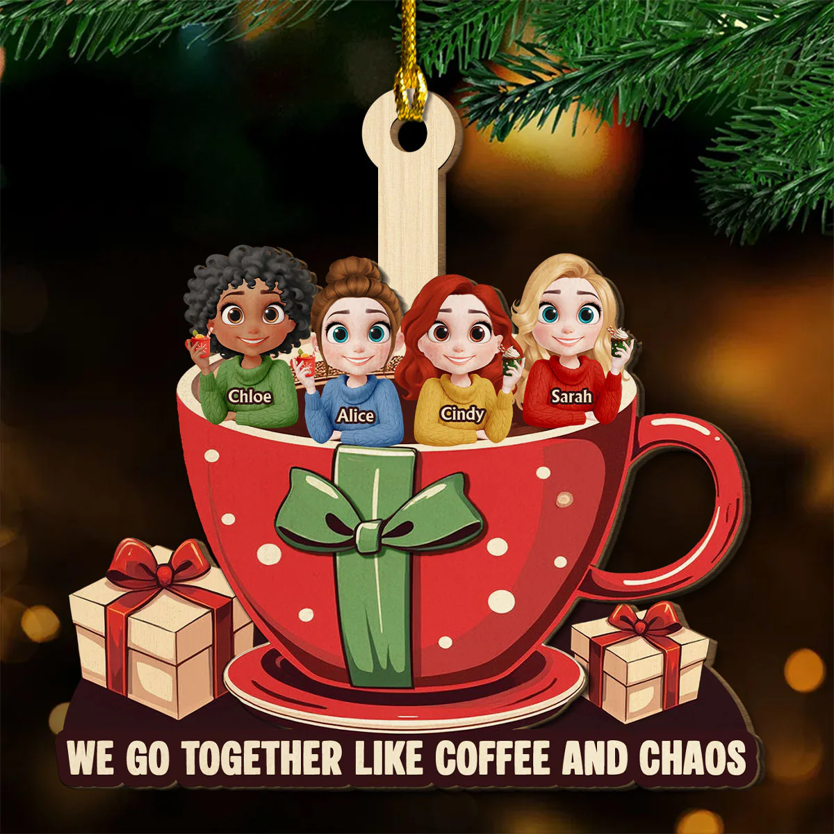 Together Like Coffee And Chaos - Personalized Custom 2-Layered Wood Ornament - Image 3