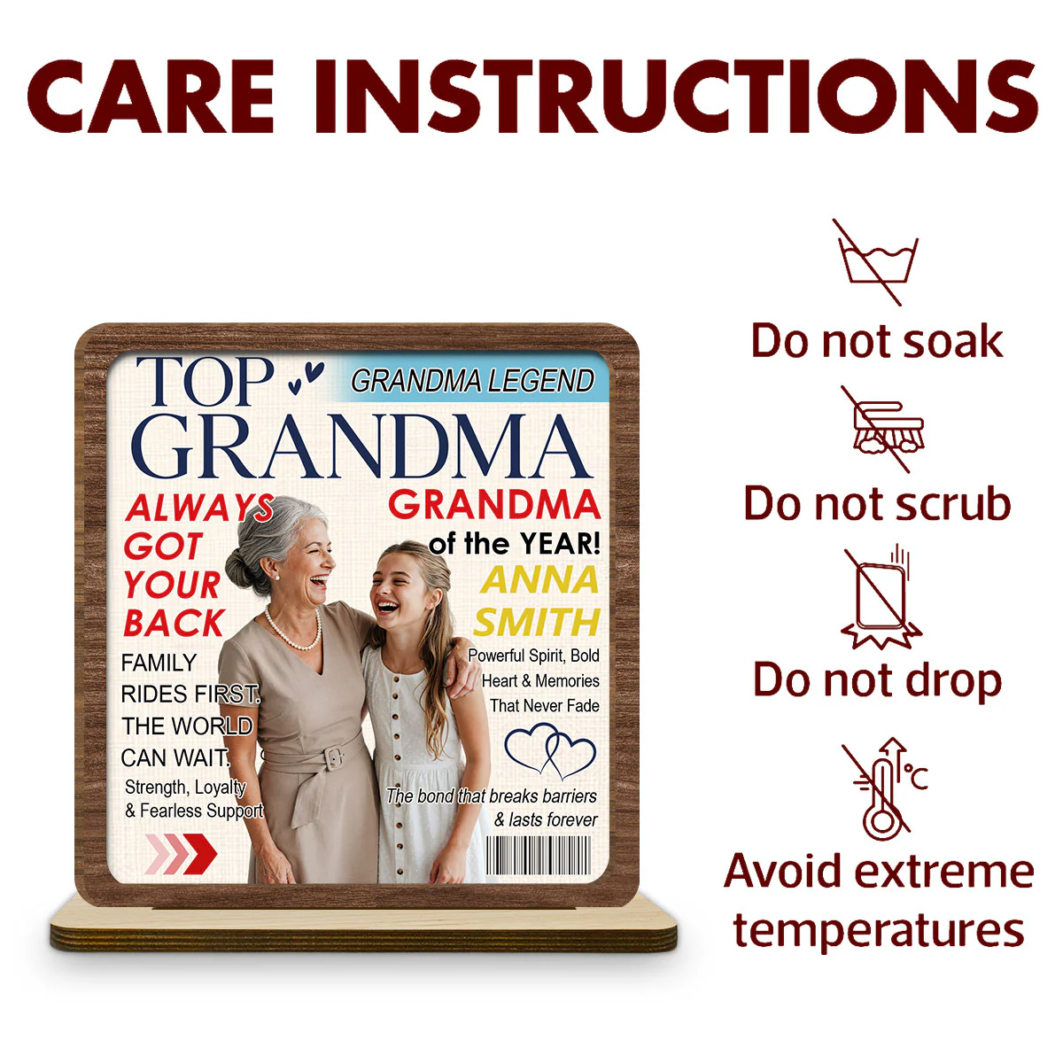 Top Grandma - Personalized Custom 2-Layer Wood Plaque With Flat Base - Image 5