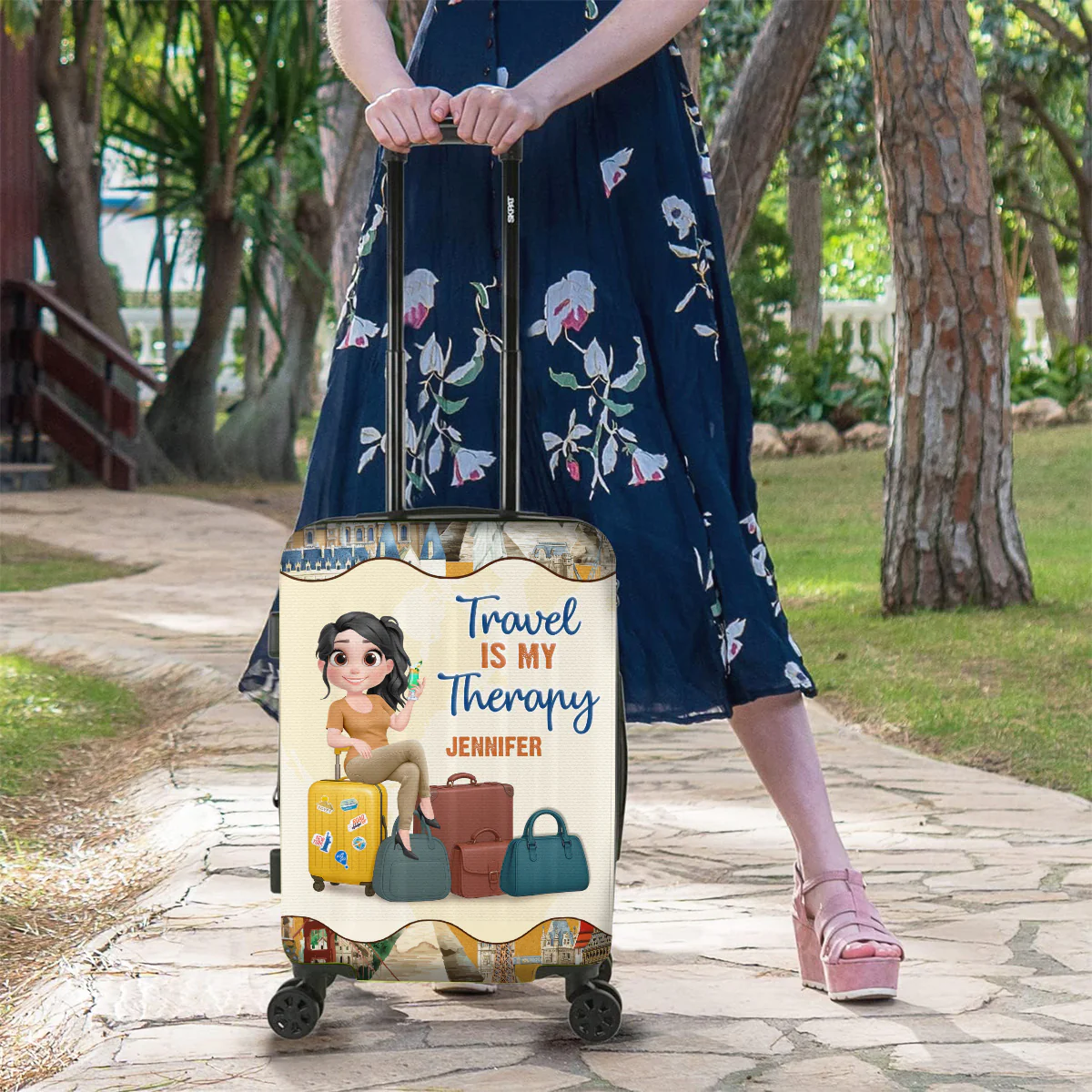 Travel Is My Therapy Cartoonize - Personalized Custom Luggage Cover - Image 3