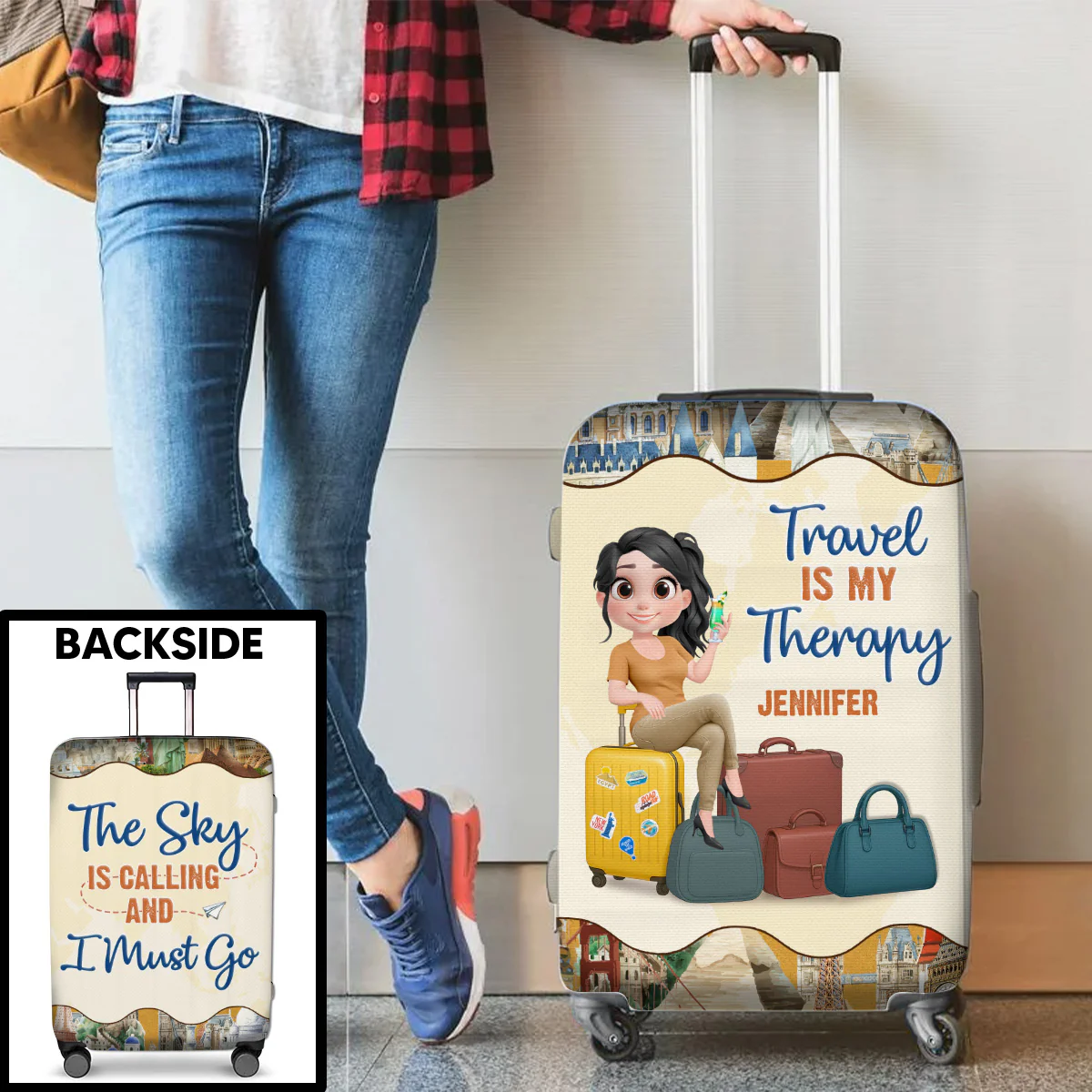 Travel Is My Therapy Cartoonize - Personalized Custom Luggage Cover - Image 4