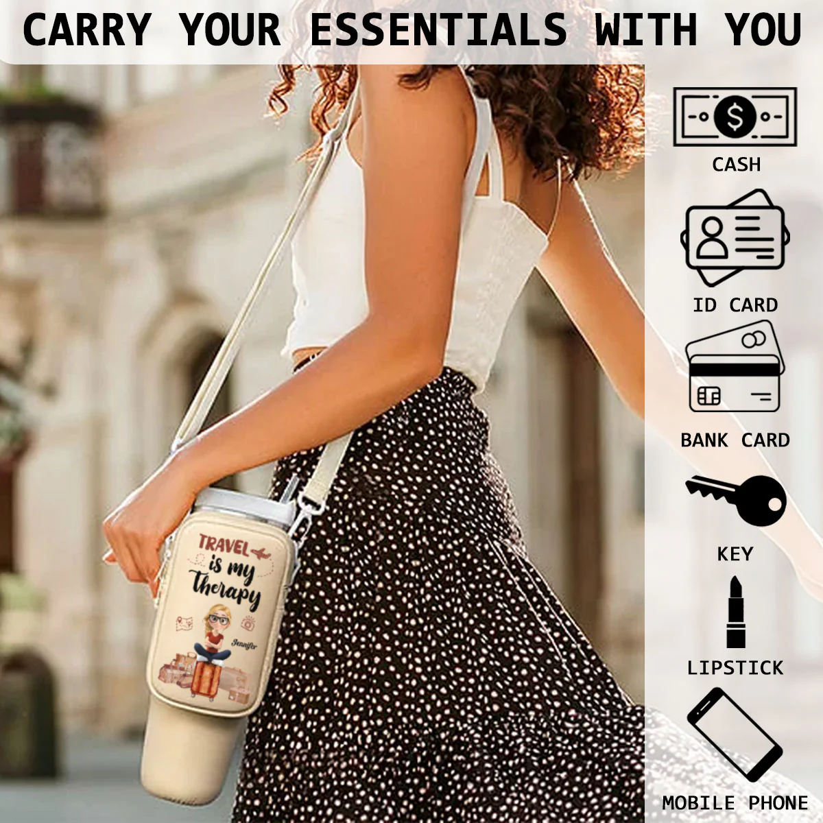 Travel Is My Therapy - Personalized Custom 40oz Water Bottle Carrier Bag - Image 4