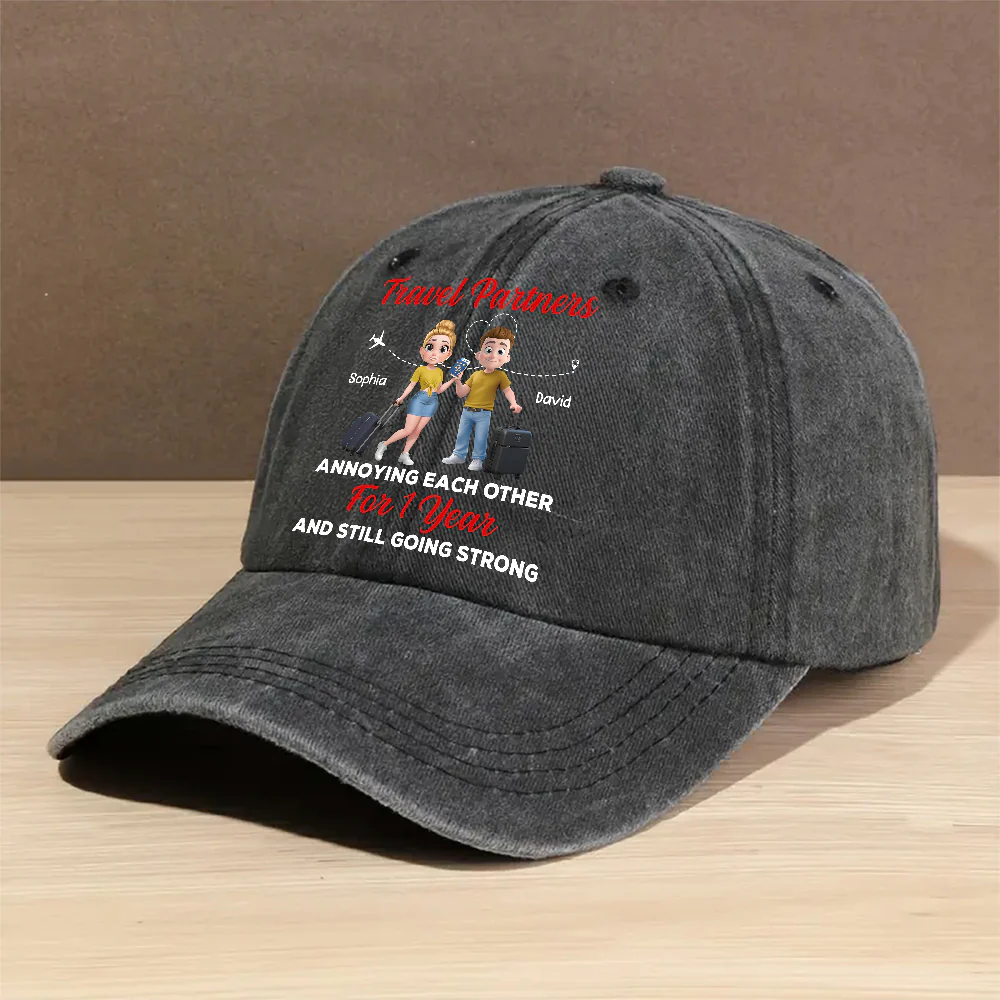Travel Partners - Personalized Custom Vintage Washed Denim Cap - Image 4