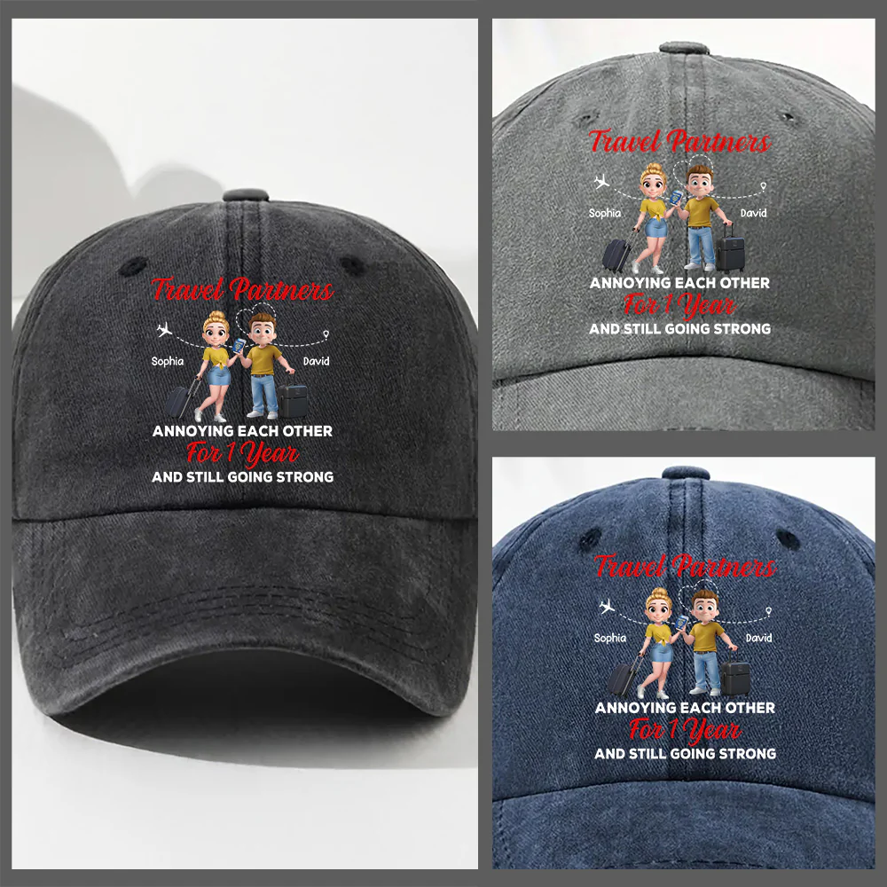Travel Partners - Personalized Custom Vintage Washed Denim Cap - Image 5
