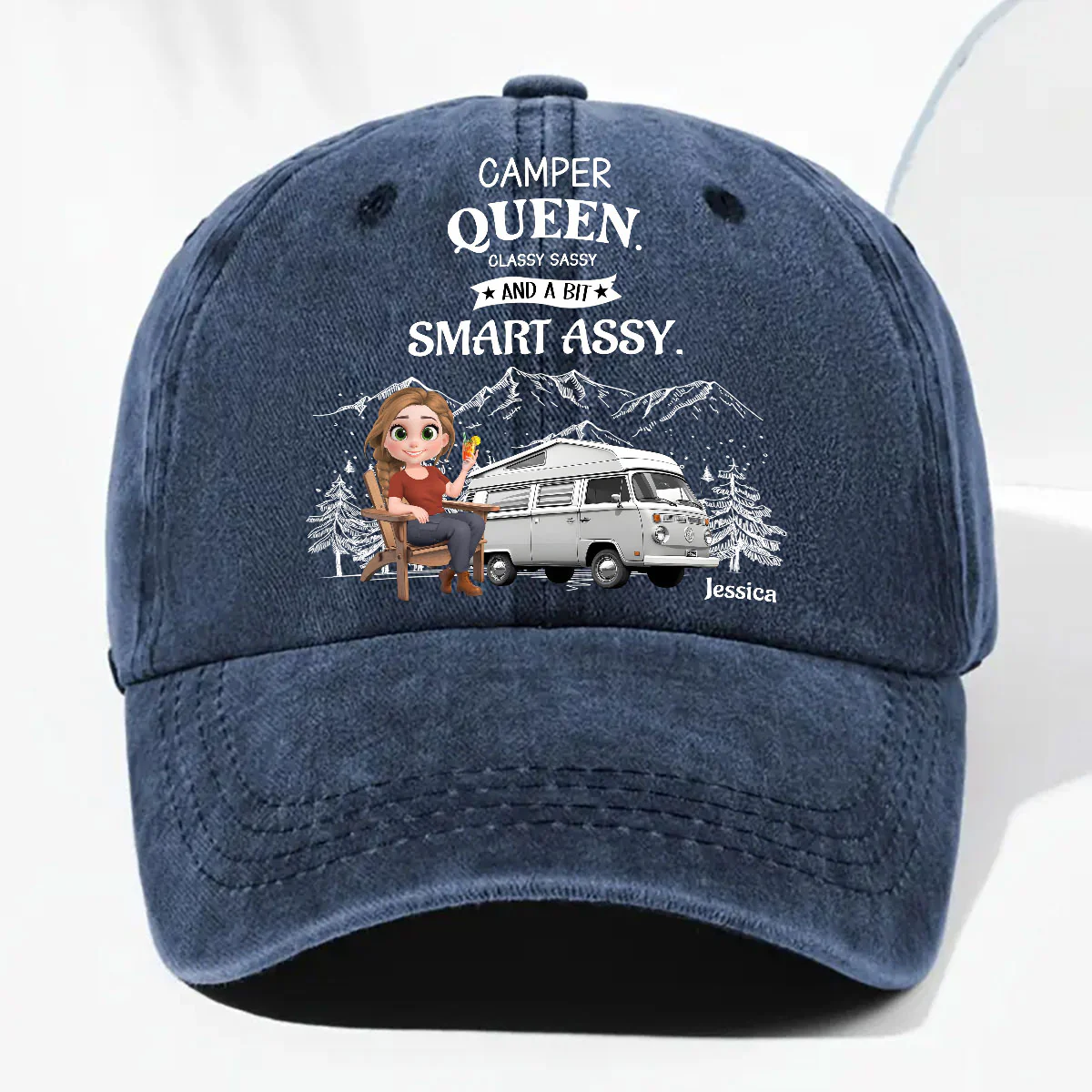 Truly A Queen Of Campers - Personalized Custom Vintage Washed Denim Cap - Image 5