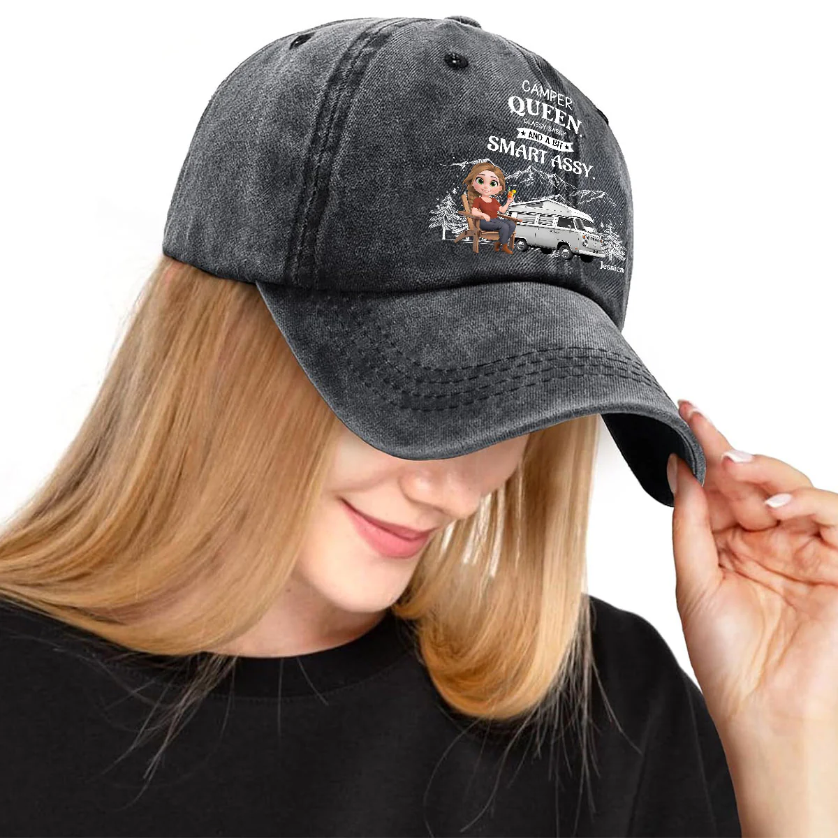 Truly A Queen Of Campers - Personalized Custom Vintage Washed Denim Cap - Image 6
