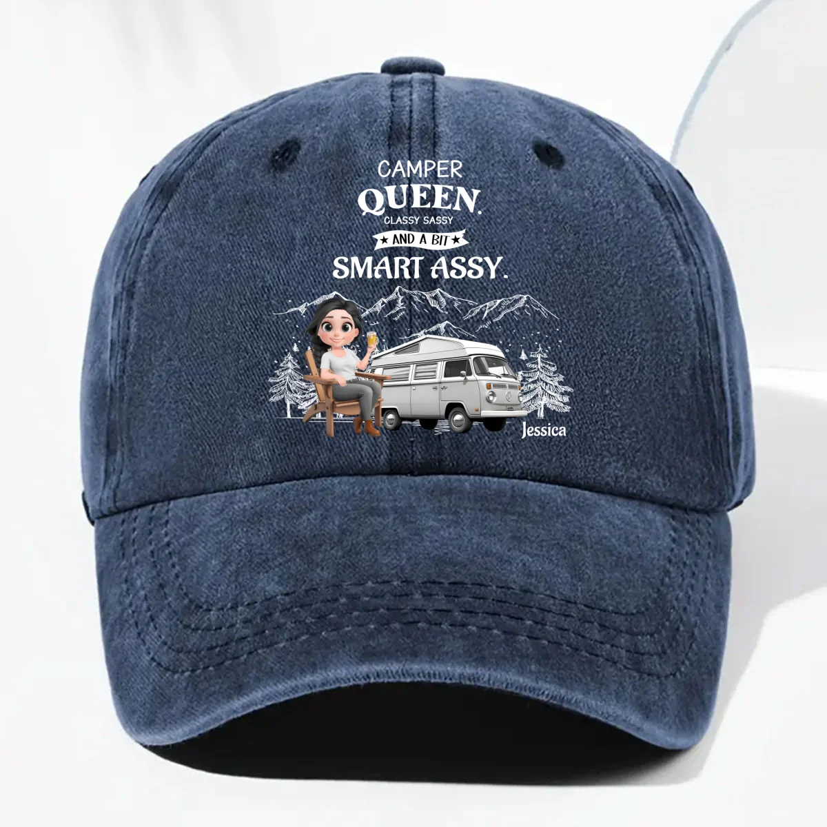 Truly A Queen Of Campers - Personalized Custom Vintage Washed Denim Cap - Image 9
