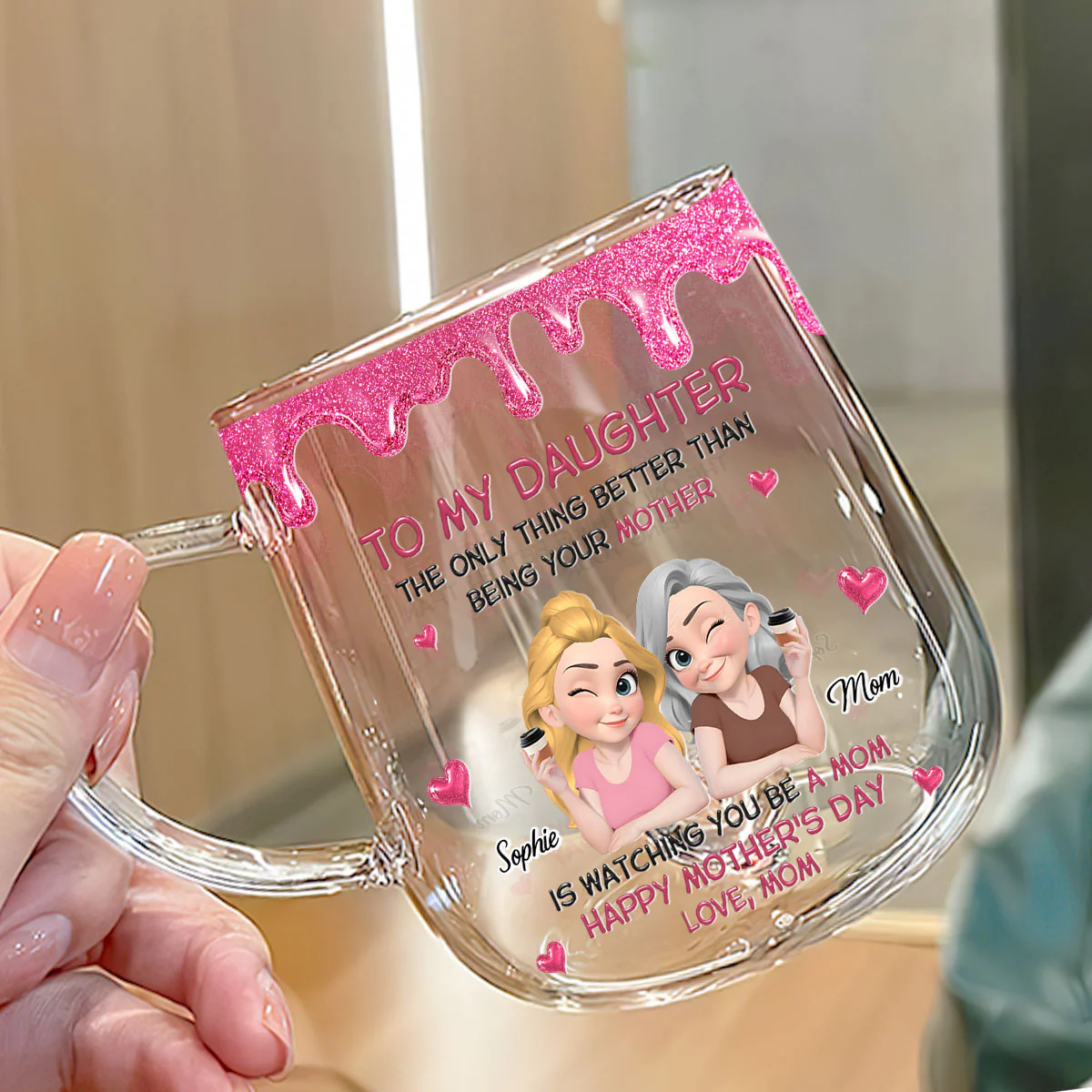 Watching Daughter Be A Mom - Personalized Custom Pink Gradient Glass Mug - Image 3