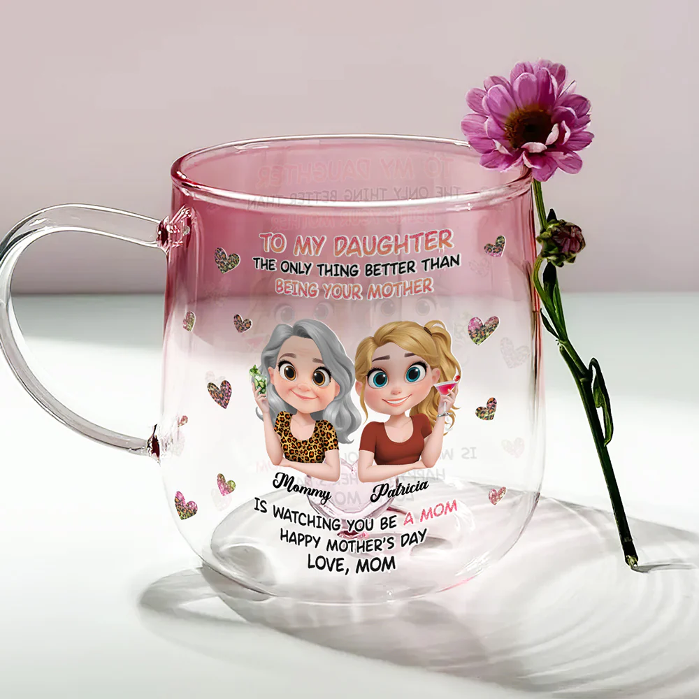 Watching You Be A Mom Cartoon - Personalized Custom Pink Gradient Glass Mug - Image 3