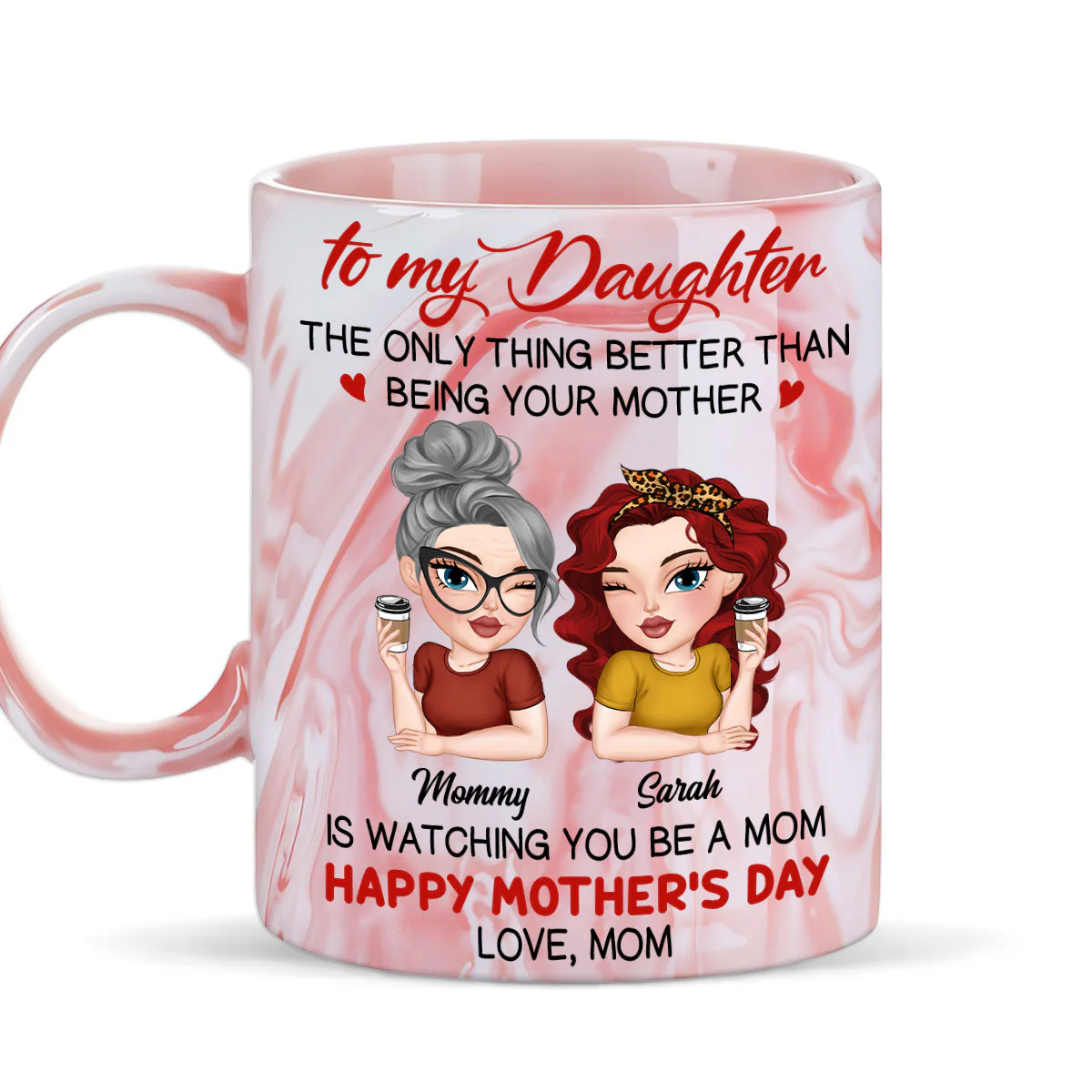 Watching You Be A Mom - Personalized Custom Pink Marble Mug