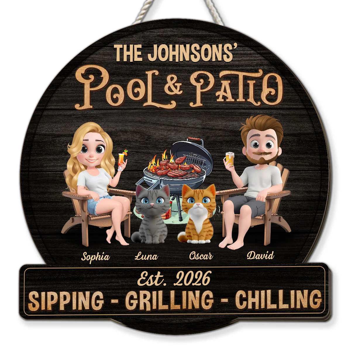 We At Pool And Patio With Cat - Personalized Custom Wood Sign