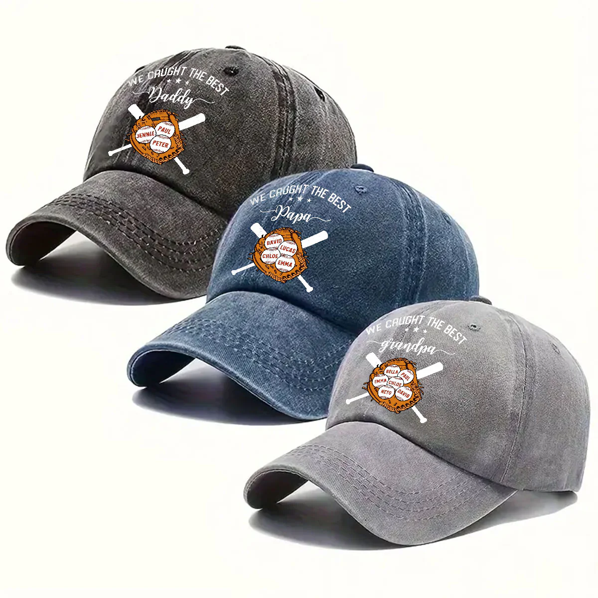 We Caught The Best Dad - Personalized Custom Vintage Washed Denim Cap - Image 4