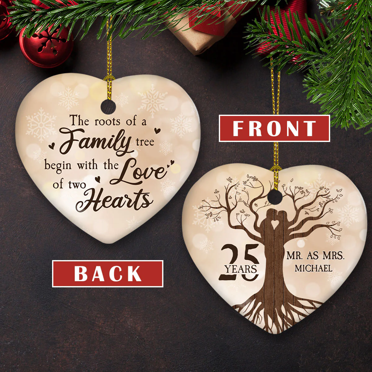 Wedding Anniversary Ornament - Personalized Custom Heart Ceramic Ornament - Image 3