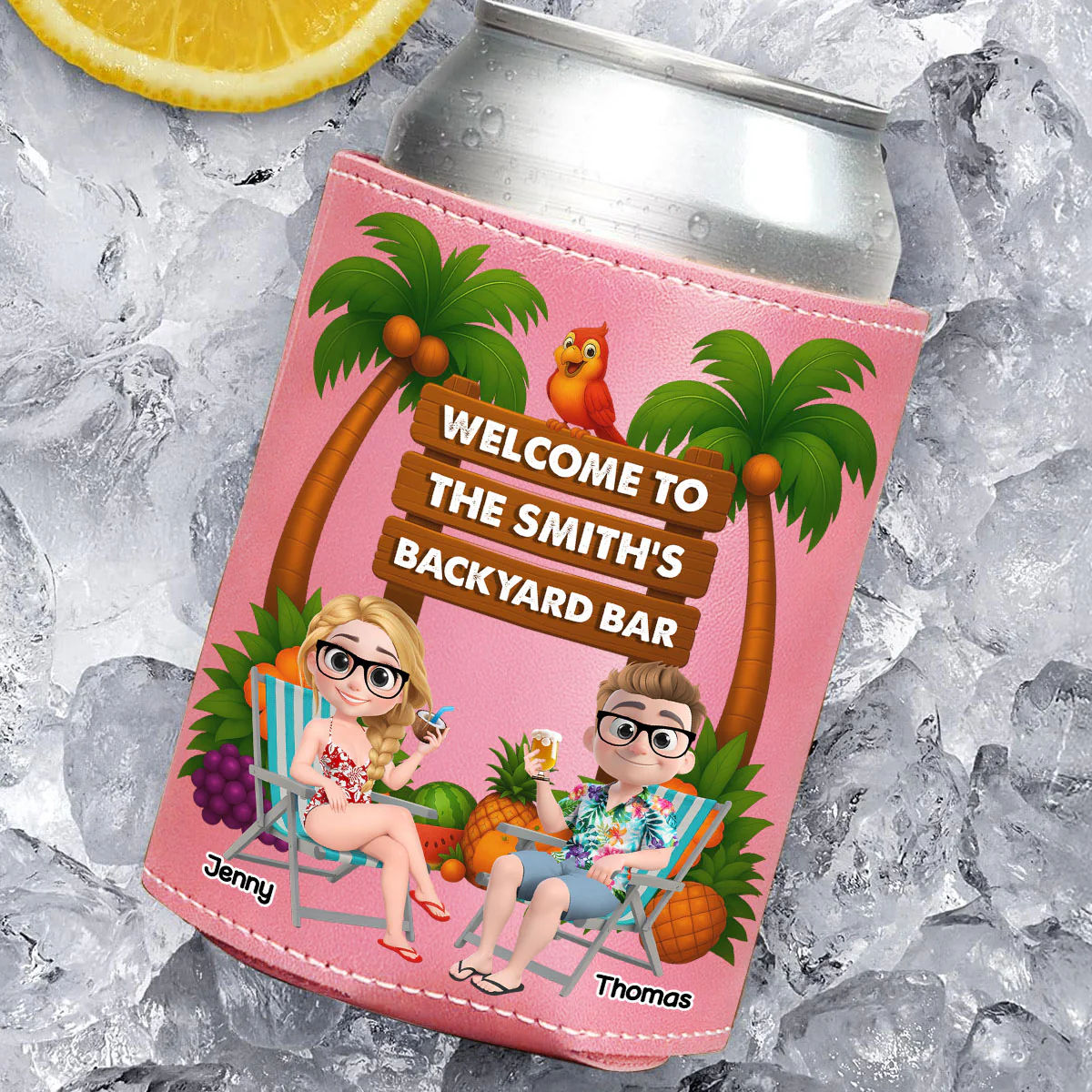 Welcome To Our Tiki Bar - Personalized Custom Pink Leather Can Cooler Holder - Image 3