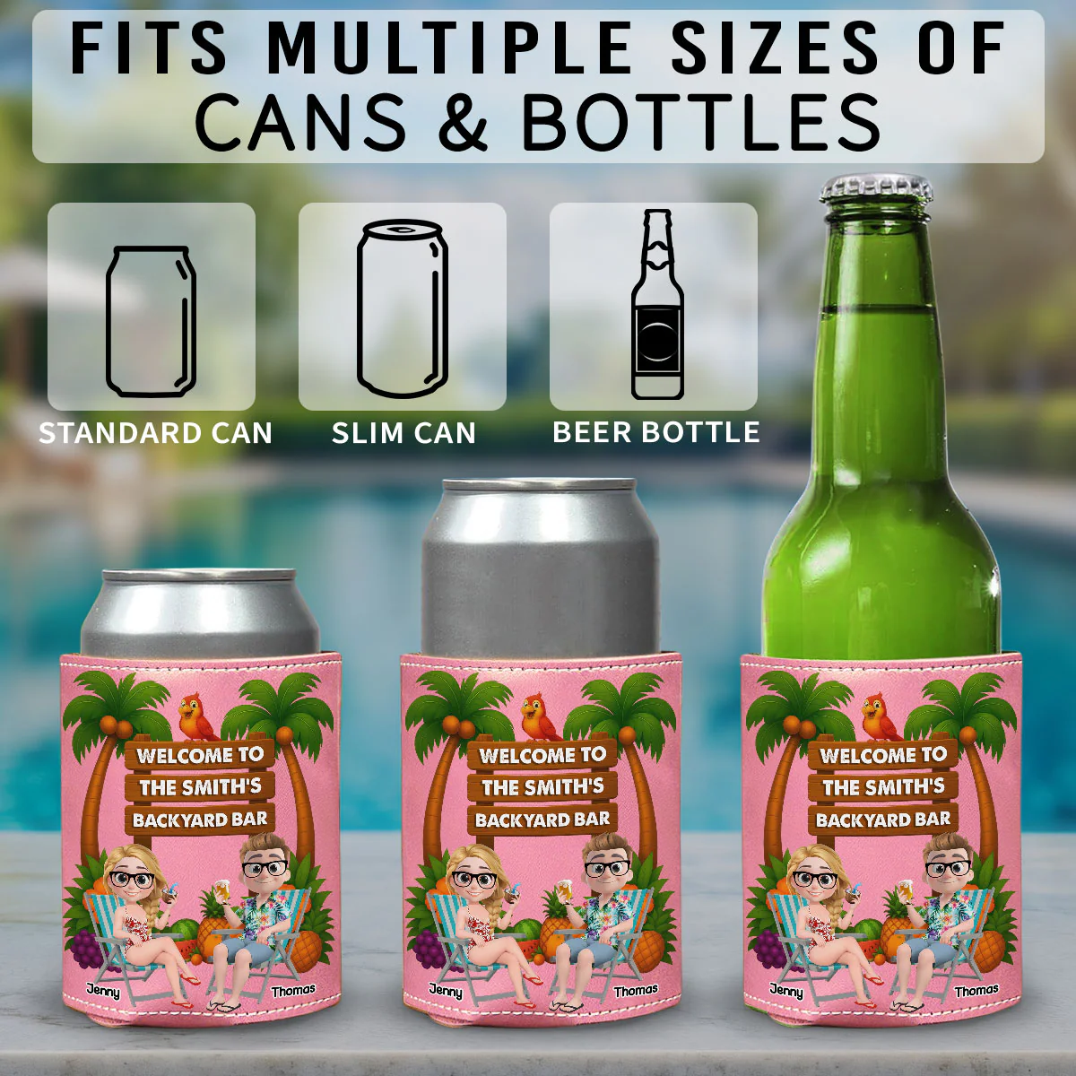 Welcome To Our Tiki Bar - Personalized Custom Pink Leather Can Cooler Holder - Image 5