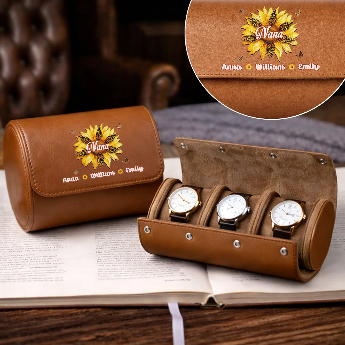 Where Grandma Sunflower Blooms - Personalized Custom Leather Watch Case