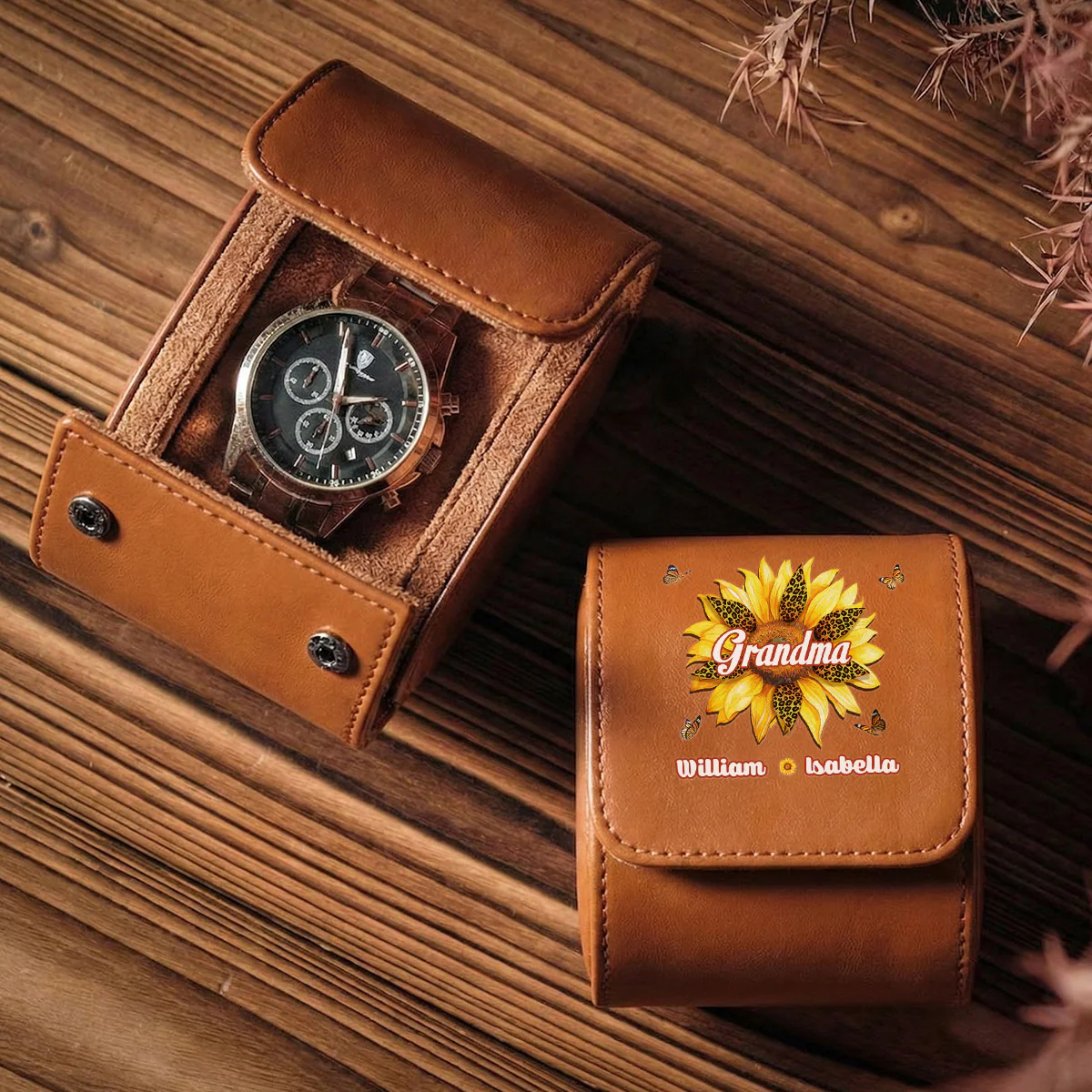 Where Grandma Sunflower Blooms - Personalized Custom Leather Watch Case - Image 2