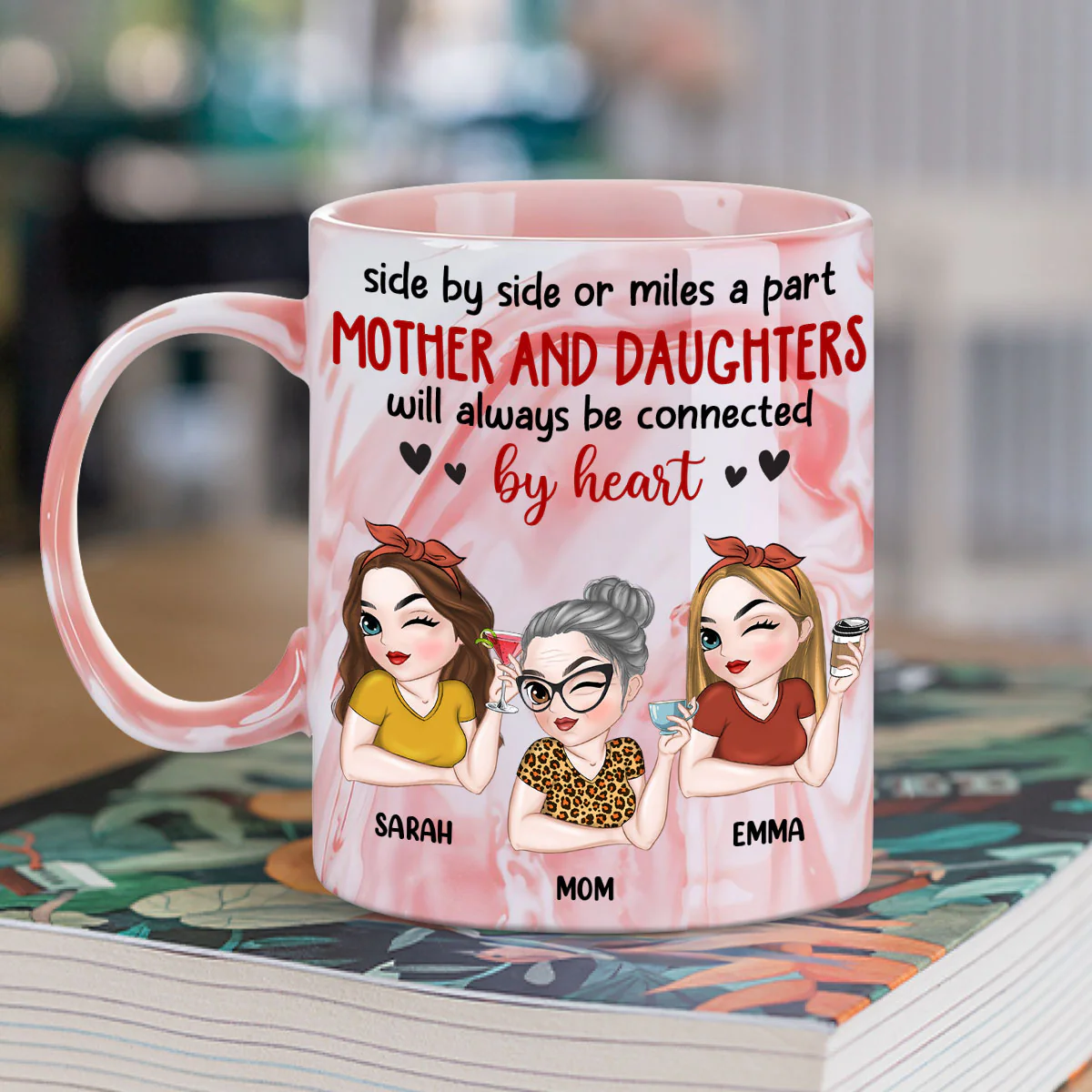 Will Always Be Connected By Heart - Personalized Custom Pink Marble Mug - Image 2