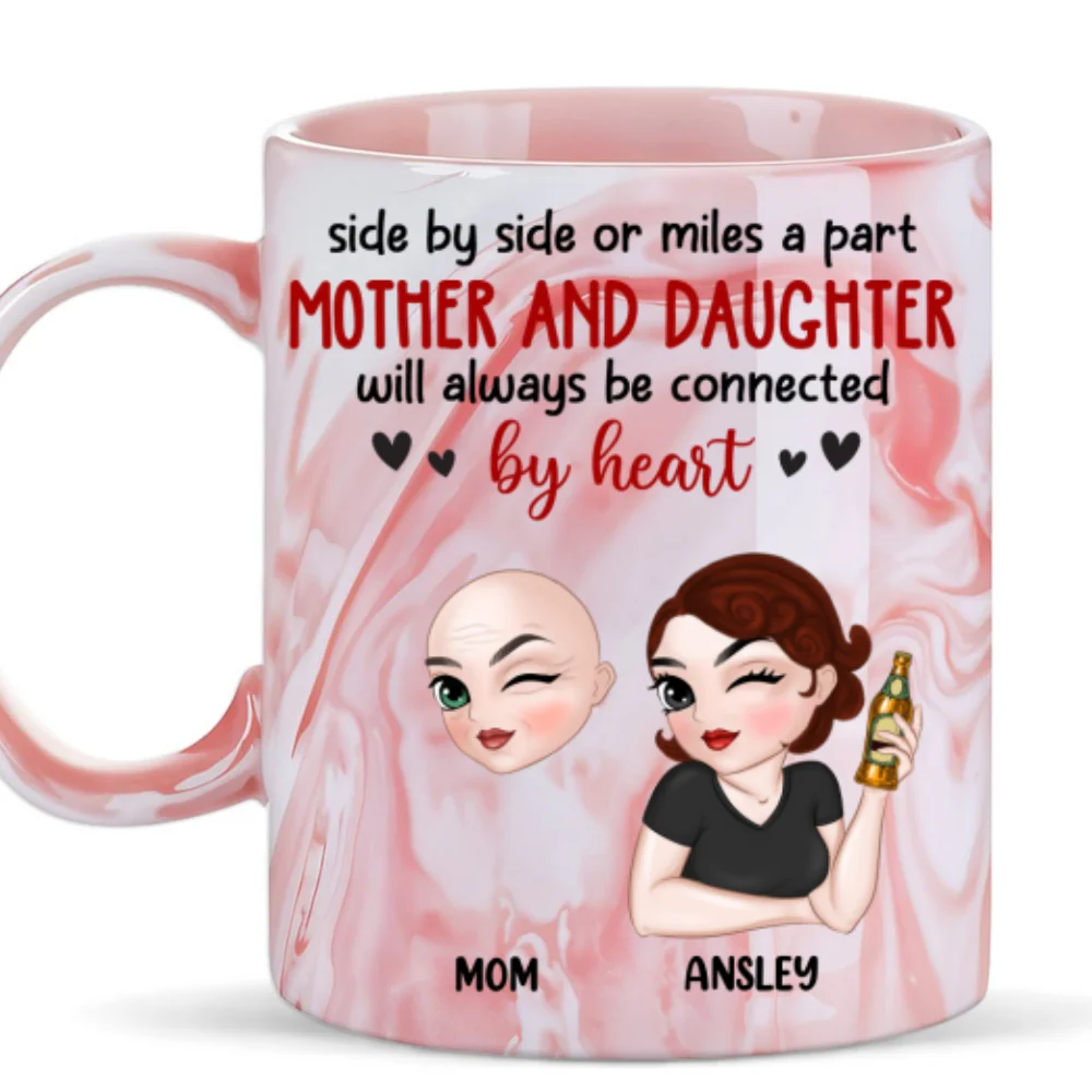 Will Always Be Connected By Heart - Personalized Custom Pink Marble Mug - Image 5