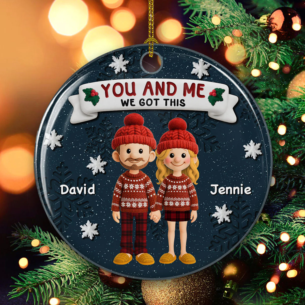 Winter Family Moment - Personalized Custom 3D Effect Ceramic Ornament - Image 3