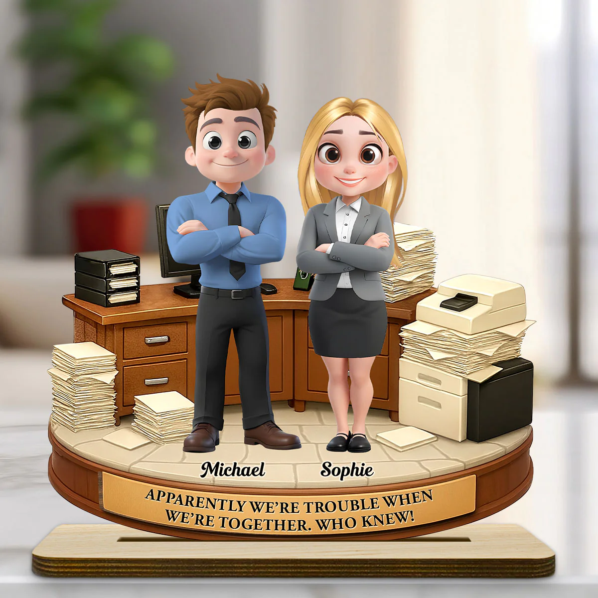Work Besties Trouble - Personalized Custom 2-Layer Wood Plaque With Flat Base