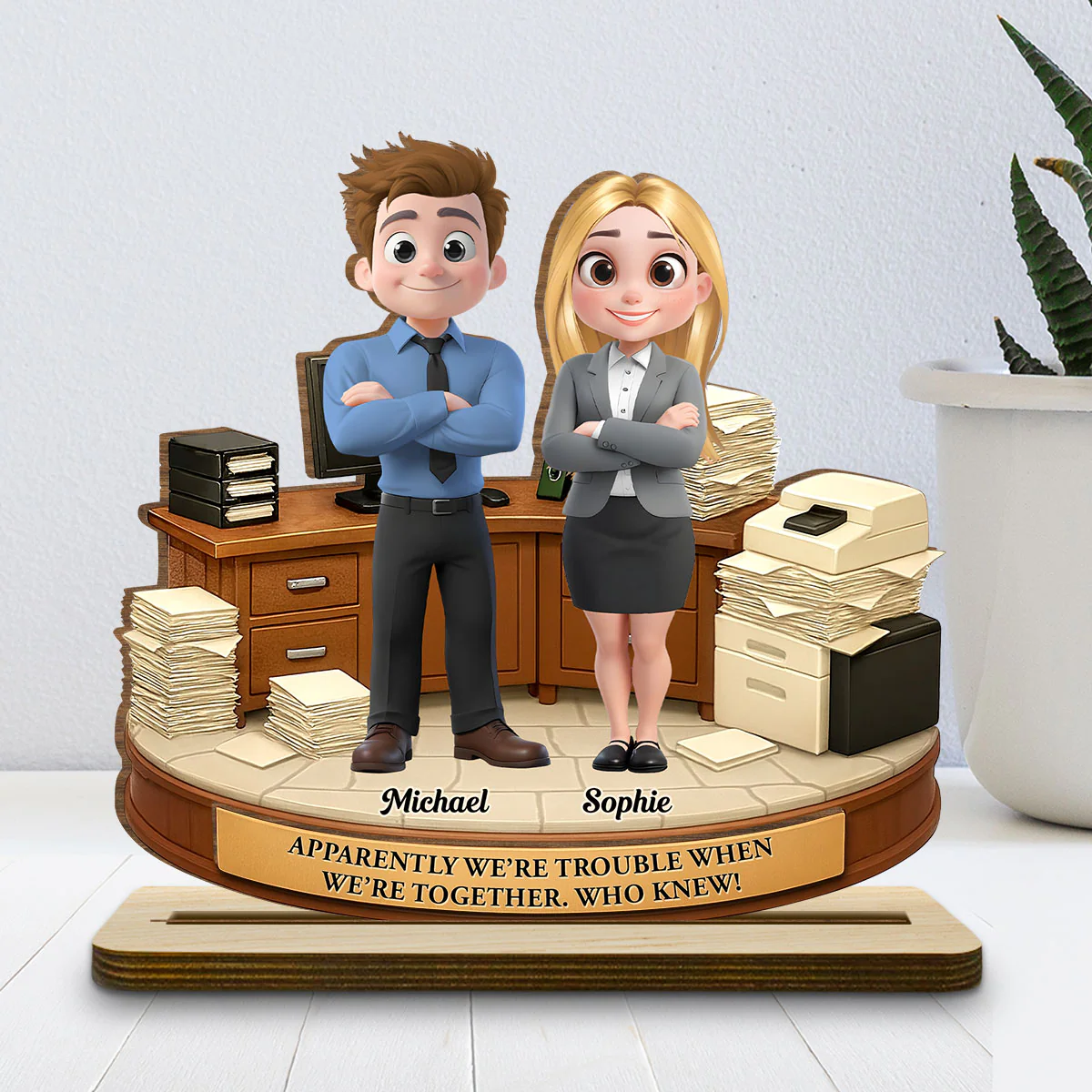 Work Besties Trouble - Personalized Custom 2-Layer Wood Plaque With Flat Base - Image 3