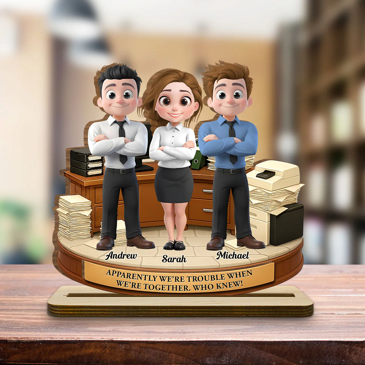 Work Besties Trouble - Personalized Custom 2-Layer Wood Plaque With Flat Base - Image 4