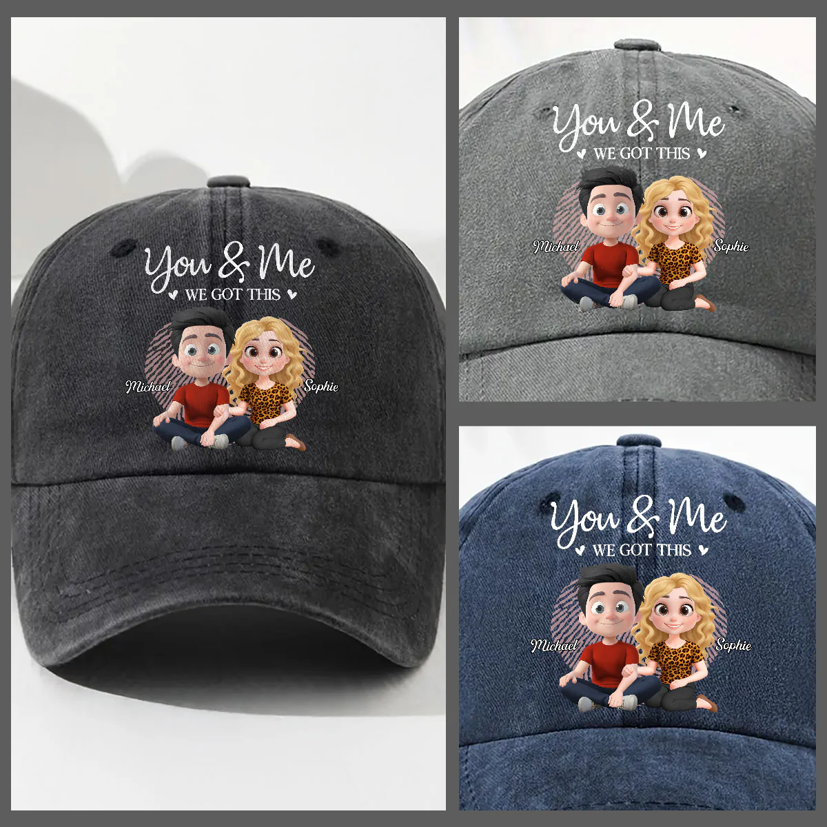 You And Me We Are Together - Personalized Custom Vintage Washed Denim Cap - Image 3