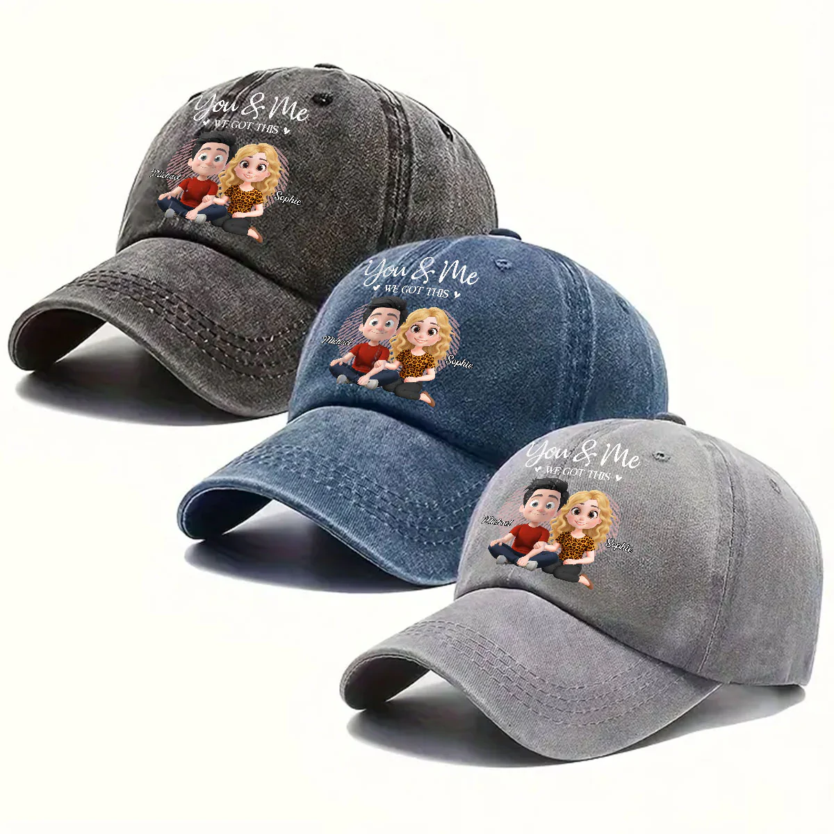 You And Me We Are Together - Personalized Custom Vintage Washed Denim Cap - Image 5