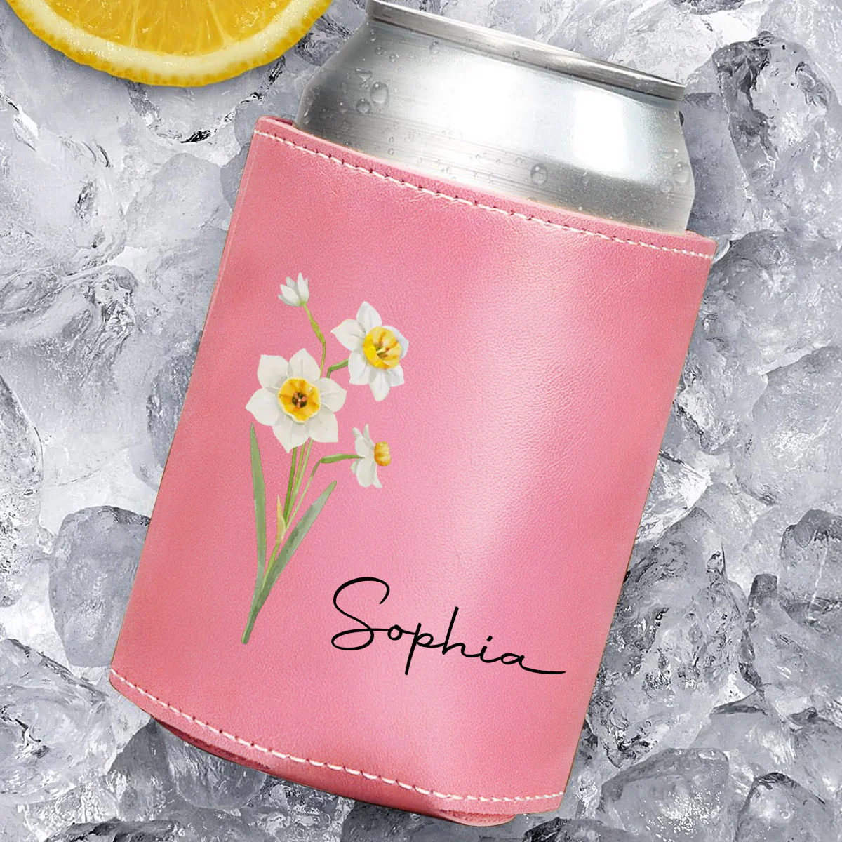 You Are The Most Beautiful Flower - Personalized Custom Pink Leather Can Cooler Holder - Image 3