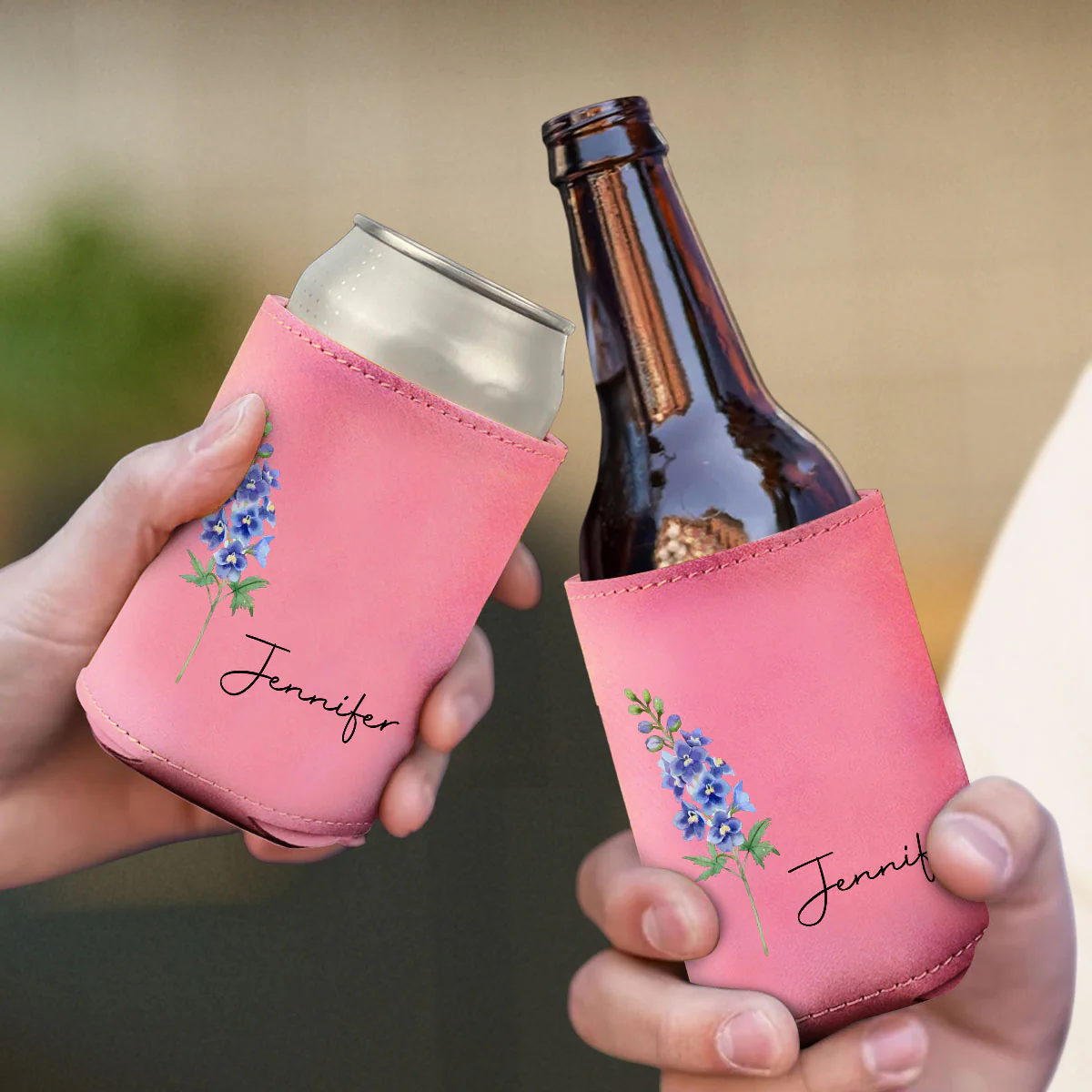 You Are The Most Beautiful Flower - Personalized Custom Pink Leather Can Cooler Holder - Image 4