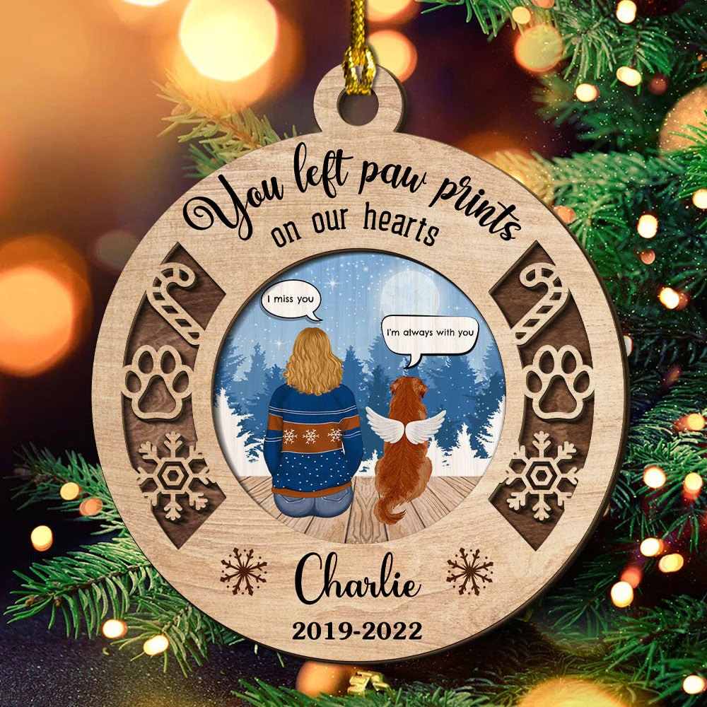 You Left Paw Prints Memorial Ornament - Personalized Custom 2-layered Wood Ornament - Image 2