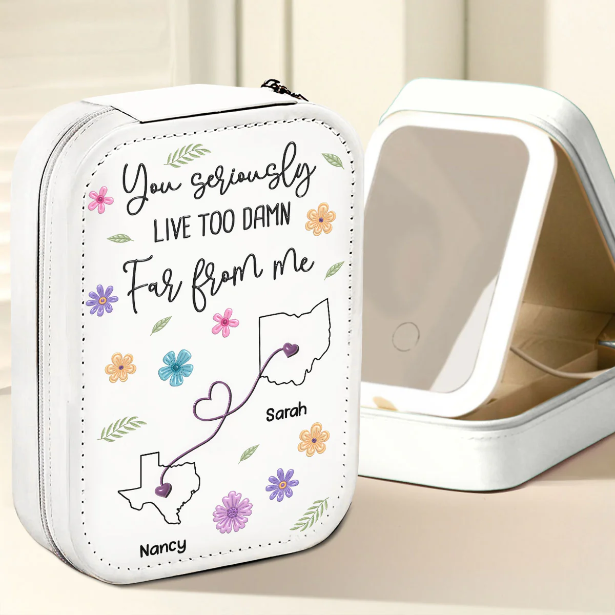 You Live Too Damn Far From Me - Personalized Custom Jewelry Box With LED Mirror